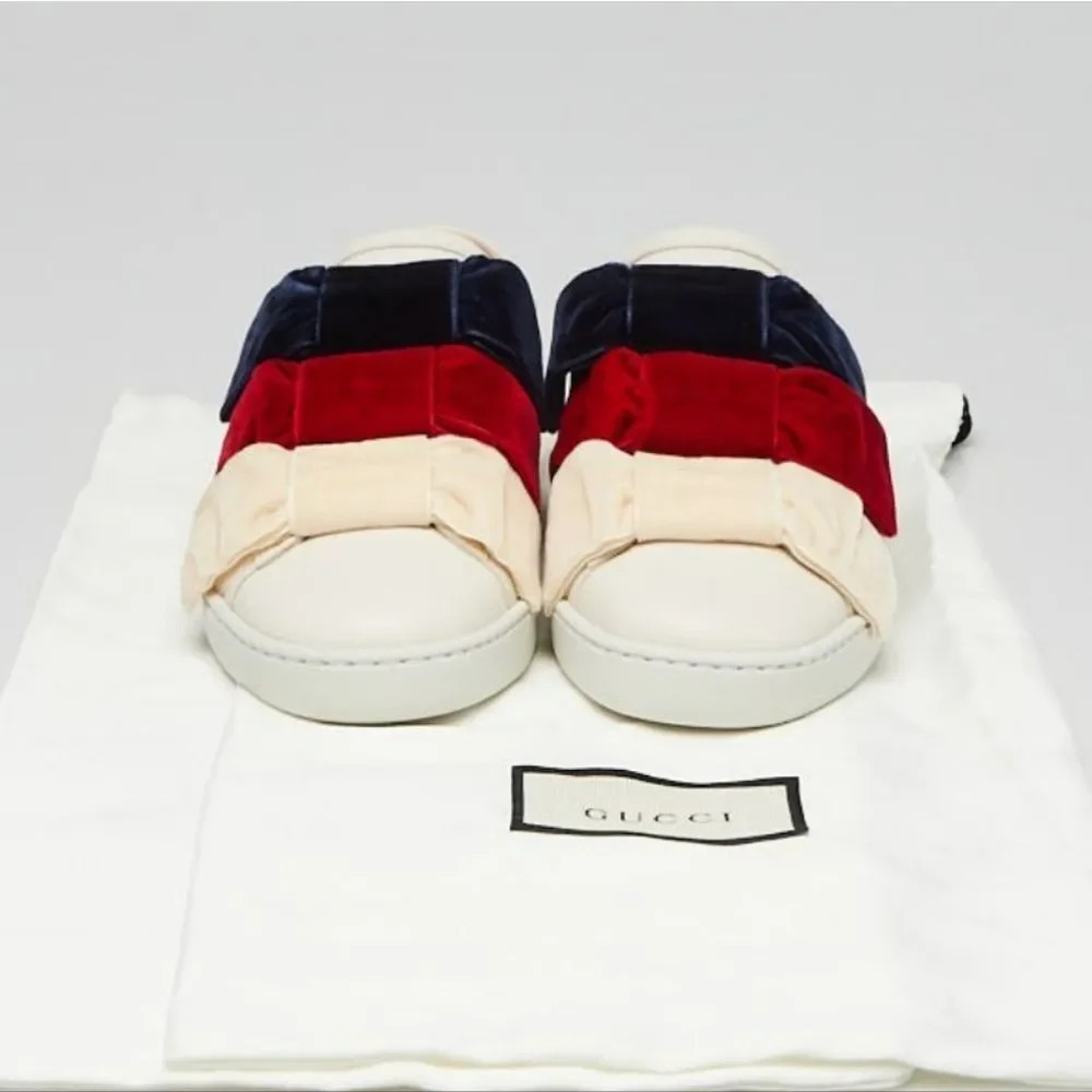 Gucci Women's Cream Leather And Velvet Bow Ace Slip On Sneakers Size 35 - Picture 4 of 16